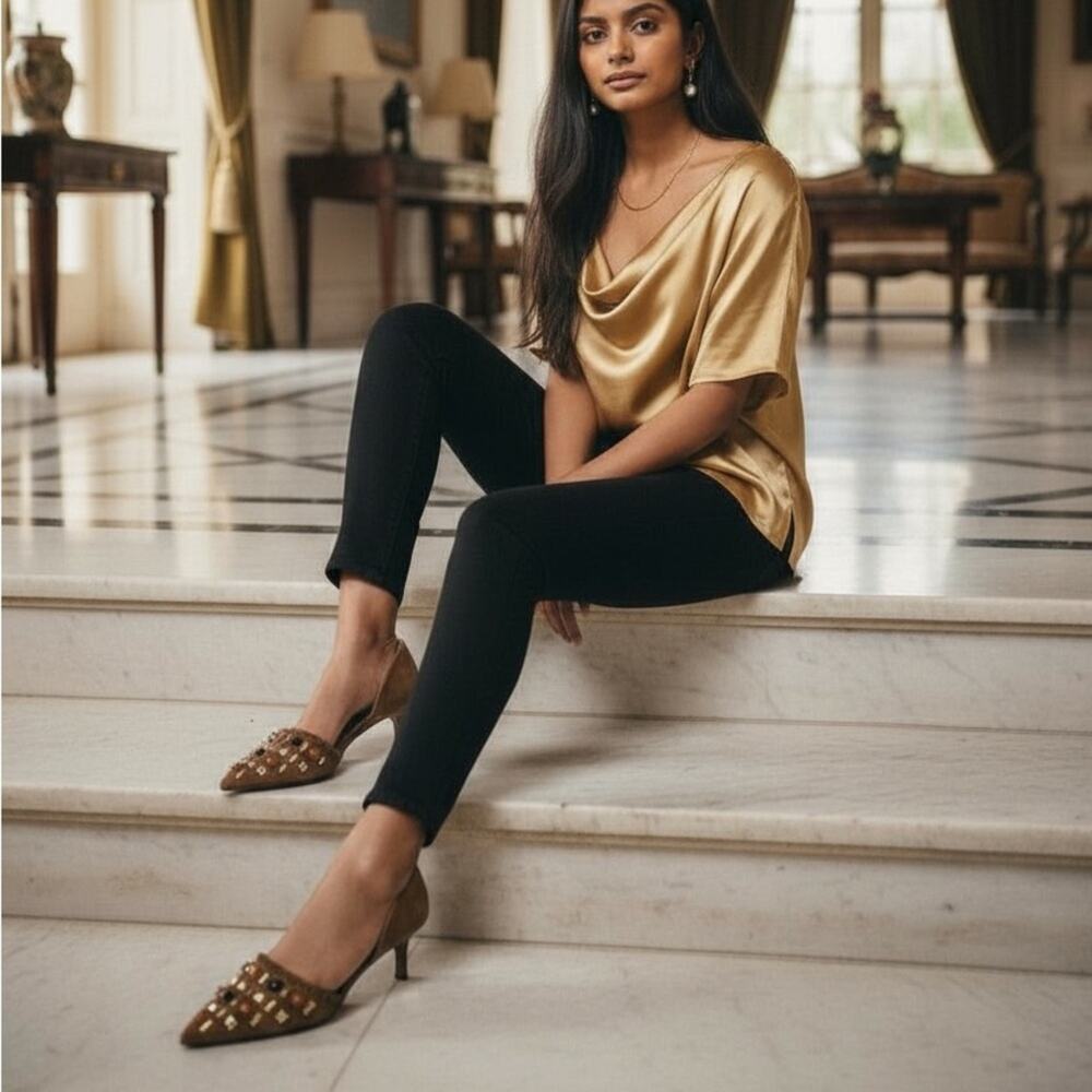 ANTONIO MELANI “Vivica” Russet Studded Suede Heels
